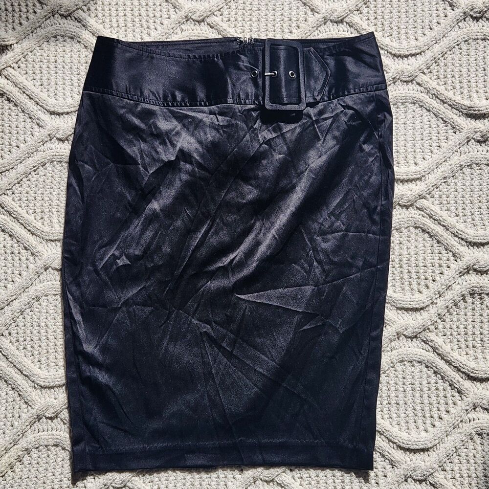 Charlotte Russe Black Satin Like Belted Knee Length Skirt Size 5